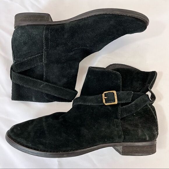 Black Booties Sam Edelman Malone Distressed Suede Buckle Strap Split Shaft 7.5 8 - Picture 1 of 7